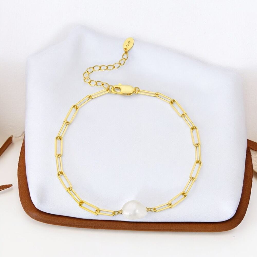 NEW yellow gold plated paper clip bracelet freshwater baroque pearl  jewelry B24